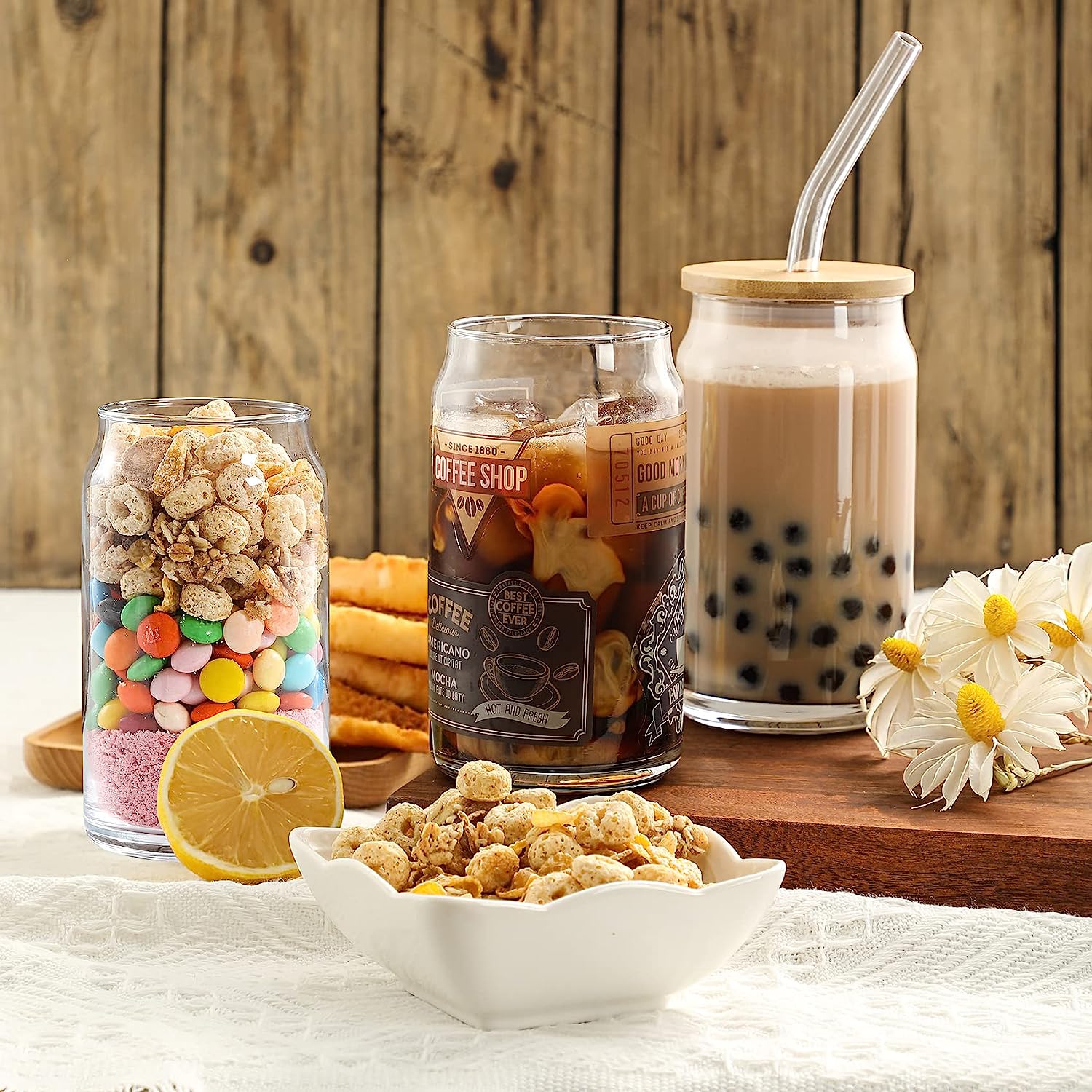 [ 6pcs Set ] Glass Cups with Bamboo Lids and Glass Straw - Beer Can Shaped Drinking Glasses, 16 oz Iced Coffee Glasses, Cute Tumbler Cup for Smoothie, Boba Tea, Whiskey, Water - 2 Cleaning Brushes - Image 5